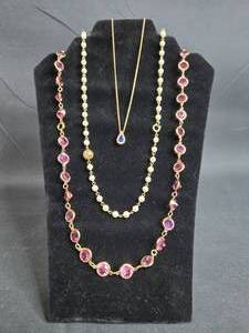 lot 14 image: Collection of 3 Elegant Necklaces 58 Swarovski Beaded with Pink Stones, 34 Faux Pearl Necklace, Gold Tone Pendant - display not included