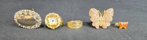 lot 17 image: Lot of 5 Vintage Fashion Rings Inc Watch Ring