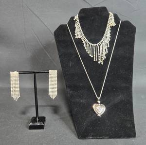 lot 23 image: Set of 3 Fashion Jewelry Pieces - Statement Necklace and Earrings with Heart Always by Your Side Pendant - displays not included