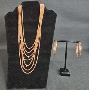 lot 40 image: Copper Tone Multi-Layered Beaded Necklace and Hoop Earrings Set - displays not included