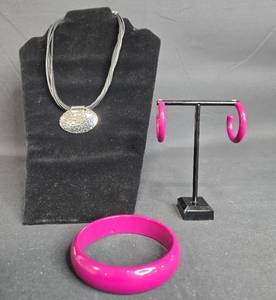 lot 43 image: Jewelry Set Including Silver Tone Necklace, Pink Earrings and Bangle Bracelet - displays not included