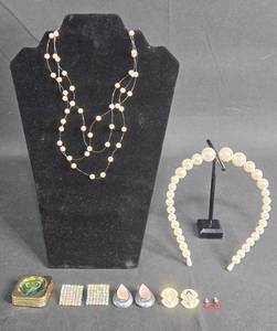 lot 171 image: Vintage Jewelry Lot including Faux Pearl Necklace, Headband, Pill Box - Display not included