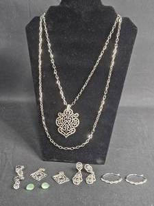 lot 196 image: Lot of Silver Tone Jewelry Including Necklace and Earrings - displays not included