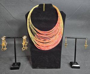 lot 113 image: Colorful Statement Necklace with Star and Cross Earrings Set - display not included