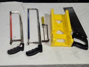 lot 40 image: Collection of Hand Tools Including 3 Hacksaws, Miter Box, and Screwdriver