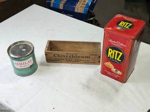 lot 82 image: Vintage Collectible Items Similac Powder Can, Cloverbloom Cheese Box, Limited Edition Ritz Cracker Tin
