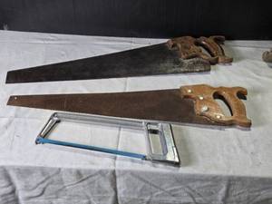 lot 96 image: Set of 2 Vintage Hand Saws and 1 Hacksaw