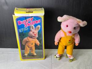 lot 101 image: Vintage Bunny Skates Plush Toy with Roller Skates and Original Box