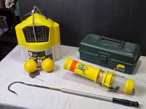 lot 216 image: Fishing Equipment Lot including Flow Troll Minnow Bucket, Marker Buoys, and Small Tackle Box