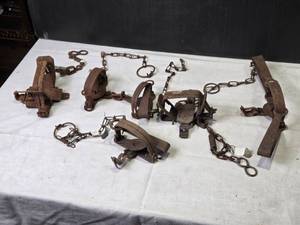 lot 217 image: Lot of 6 Vintage Steel Animal Traps with Chains