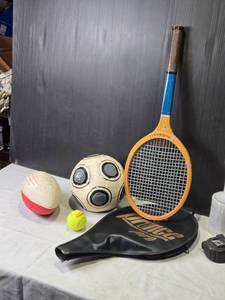 lot 220 image: Collection of Sporting Goods Tennis Racket, Soccer Ball, Football, and Tennis Ball