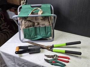 lot 227 image: Folding Garden Stool with Tool Bag and Set of Gardening Tools