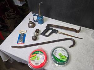 lot 233 image: Mixed Lot of Garden and Hand Tools Including Oil Can, Crowbar, Trimmer Line and More