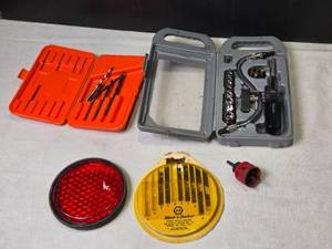 lot 244 image: Mixed Lot of Mechanic Tools, Drill Bits, and Automotive Light Reflector