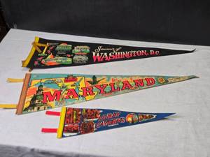 lot 280 image: Lot of 3 Vintage Travel Pennants - Maryland, Washington D.C., Luray Caverns