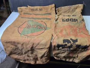 lot 283 image: Lot of 2 Vintage Burlap Feed Bags - Dawson and Coop