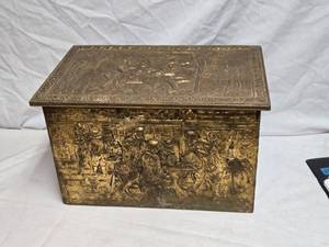 lot 290 image: Antique Ornate Brass Wood Treasure Chest with Intricate Relief Scenes
