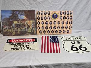 lot 311 image: Collection of Vintage Americana Artifacts Including Route 66 Sign, U.S. Presidents Display, and American Flag