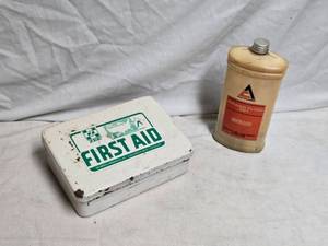 lot 313 image: Vintage First Aid Kit with Contents and Power Fluid Quart