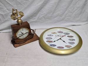lot 314 image: Vintage Motorcycle Desk Clock Trophy and 50th Anniversary Corvette Wall Clock Set (Broken Glass)