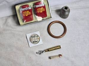 lot 328 image: Vintage Collection of Assorted Items including Trojan Salt and Pepperr, Lighter, Copper Ring, and Snap-On Tool