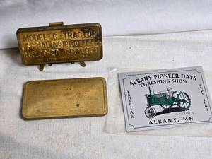 lot 329 image: John Deere Model C Tractor Metal Identification Medallion and Exhibitor Card & Albany Pioneer Days