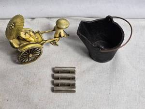 lot 334 image: Vintage Japanese Rickshaw Figurine with Umbrella, Mouth Harp and Small Cast Iron Bucket