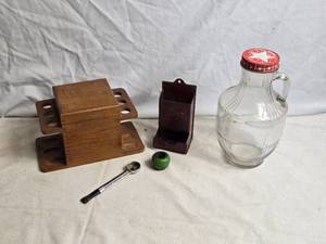 lot 352 image: Collection of Vintage Items Pipe Tobacco Wooden Box, Glass Storage Jar, Metal Match Holder, and More