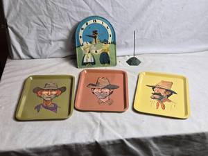 lot 353 image: Vintage Kitchen Decor Set 3 Colorful Serving Trays with Cowboy Themes, Clock, and Incense Holder