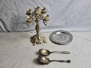 lot 357 image: Vintage 5-Arm Candelabra with Spoons and Decorative Plate