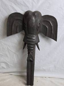 lot 363 image: Handcrafted Wooden Elephant Wall Art Sculpture - 19 Tall