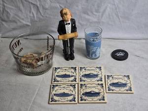 lot 375 image: Vintage Corkscrew Figure, Glass Snack Bowl, and Coaster Set