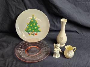 lot 387 image: Vintage Christmas Dish, Angel Figurine, and Creamer
