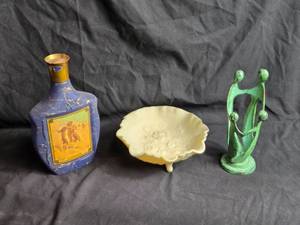 lot 388 image: Blue Jim Beam Bottle, Floral Dish, Green Figurine