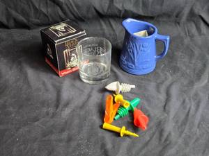 lot 408 image: Blue Red Wing Pitcher, Wildlife Glass & Assorted Bottle Pourers Set