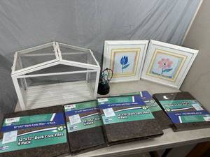 lot 30 image: New Cork Boards, Mini Plant Greenhouse, and 2 Flower Framed Pictures, and more