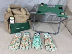 lot 78 image: New Gardening Bag, Stool, 4 Pairs of Gardening Gloves
