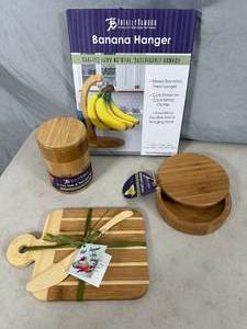 lot 88 image: New Bamboo Banana Hanger, Salt Storage, Serving Platter, Etc