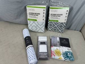 lot 132 image: New Shower Curtain, Hooks, Tub Mat, Ironing Board Covers