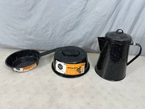 lot 133 image: New Granite Ware Coffee Pot, Melting Dome, Frying Pan