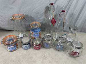 lot 135 image: Large Lot of New Kilner Presertve Jars, Oil Bottles, Clip-Top Jars, Etc