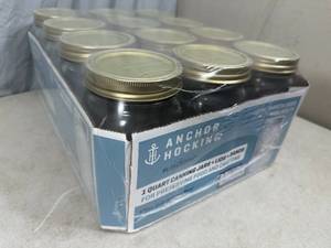 lot 213 image: 12 New Anchor Hocking Canning Jars - 1 Quart Wide Mouth