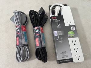 lot 221 image: New GE Surge Protector, 2 New Extension Cords