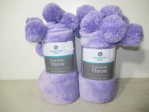 Set of 2 Comfort Bay Pom Pom Throw Blankets-50 x 60-Pruple