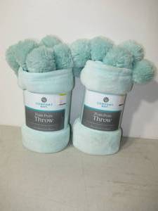 Set of 2 Comfort Bay Pom Pom Throw Blankets-50 x 60-Aqua