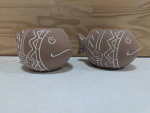 2 Clay Coffee Cup Planters - Tribal Fish