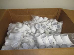 lot 47 image: Large Mixed Box of 2 PVC Caps, Couplings, 45s, and Ts