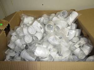 lot 48 image: Large Mixed Box of 2 PVC Elbows, Couplings, 45s, Ts, and Straps