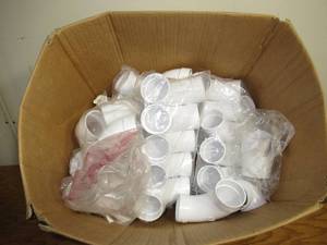 lot 50 image: Medium Mixed Box of 2 PVC Elbows, Couplings, 45s,and Ts