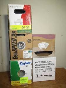 lot 62 image: Lot of 5 Mixed Partial Boxes of CAT 5EYL, CAT5E, RG59UDC-WT, CCTV COMBO RG59U, CAT 5E RIB